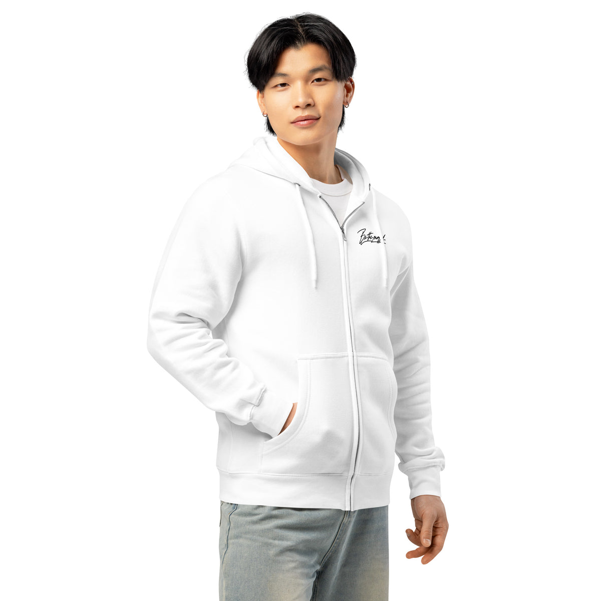 Be the mogger zip hoodie, White, worn, three-quarter